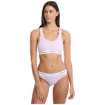 Top bralette lilla con spalline larghe e fascia elasticizzata logata in vita