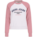 Felpa Guess bianca con maniche rosa, scollo tondo e stampa frontale.