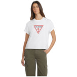 Maglietta bianca Guess con logo triangolare rosso sul petto, maniche corte