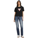 T-shirt nera boxy con logo triangolare rosso Guess sul petto