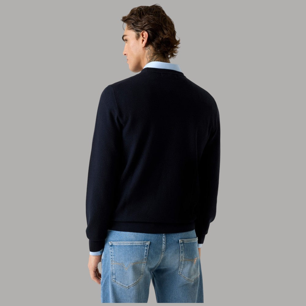 Maglione uomo Guess blu scuro, vista posteriore, girocollo a coste