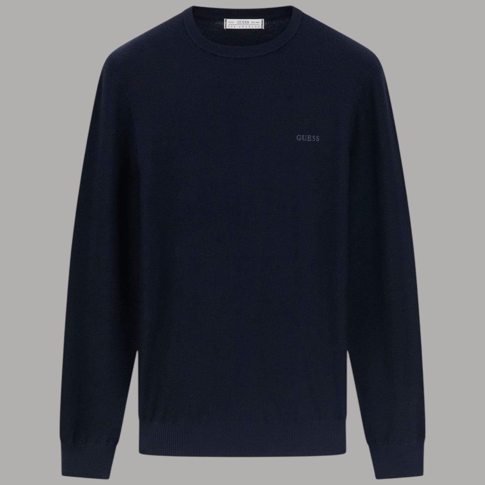 Maglione uomo Guess blu scuro con girocollo e logo ricamato sul petto