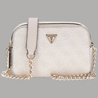 Borsa mini tracolla Guess Noelle crema con logo triangolare e catena dorata