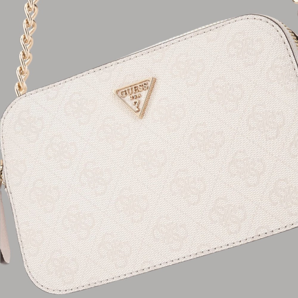 Borsa mini Guess Noelle crema con logo triangolare e motivo monogram all-over