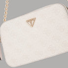 Borsa mini Guess Noelle crema con logo triangolare e motivo monogram all-over