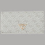 Portafoglio donna Guess panna con patta e logo triangolare oro.