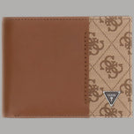 Portafoglio uomo in pelle marrone con inserti beige e logo triangolare Guess