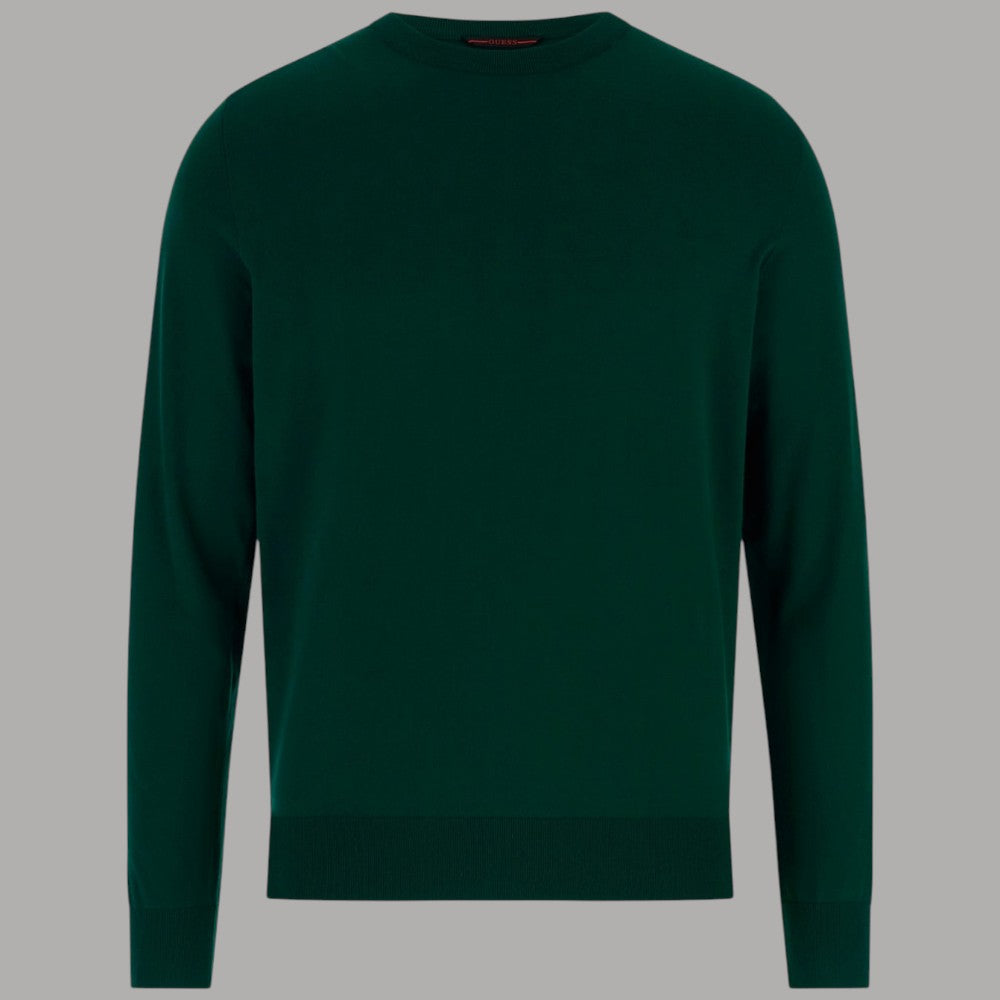 Maglione girocollo verde scuro a maniche lunghe, orlo e polsini a costine