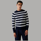 Pullover uomo cotone blu girocollo a righe bianche e blu scuro, regular fit