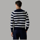 Pullover cotone uomo blu girocollo a righe orizzontali bianche, retro