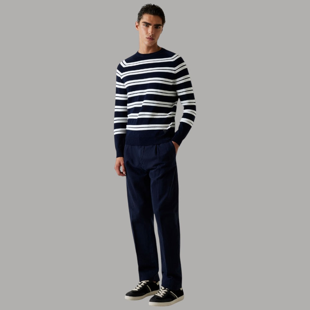 Pullover cotone uomo a righe blu e bianche girocollo, maniche lunghe, regular fit