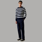 Pullover cotone uomo a righe blu e bianche girocollo, maniche lunghe, regular fit