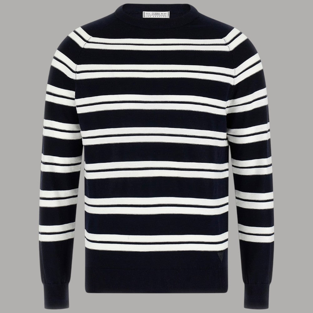 Pullover uomo cotone blu girocollo a righe orizzontali bianche, dettaglio fronte
