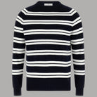 Pullover uomo cotone blu girocollo a righe orizzontali bianche, dettaglio fronte