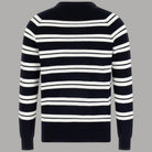 Pullover uomo cotone blu girocollo a righe orizzontali bianche, dettaglio retro