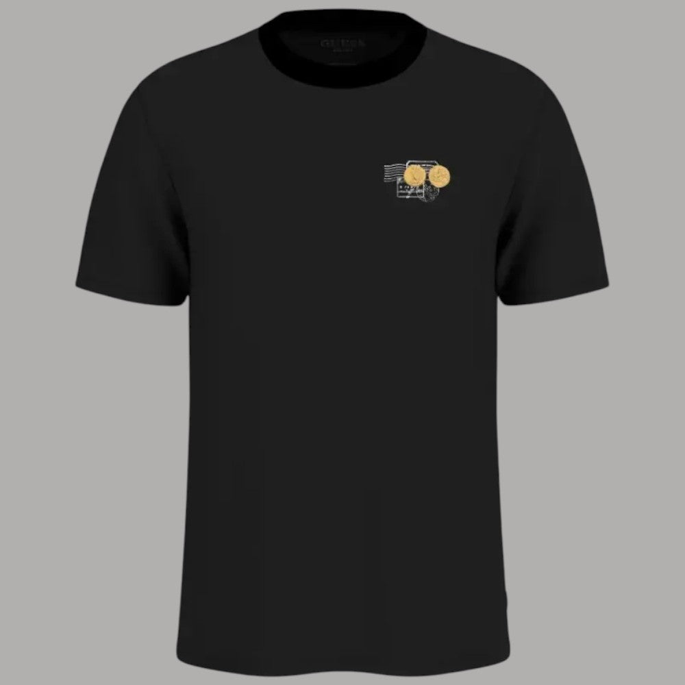 T-shirt Guess da uomo in cotone nera con piccola stampa grafica retro sul petto