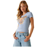 T-shirt donna slim in cotone azzurro polvere con logo triangolo e strass