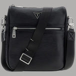 Tracolla uomo in similpelle nera con zip e logo GUESS frontale