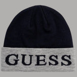 Berretto da uomo blu con cuffia grigia e scritta GUESS frontale