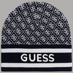 Berretto blu con logo GUESS e fascia bianca a righe
