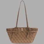 Borsa a spalla beige in similpelle con motivo logo e zip centrale dorata