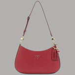 Borsa a spalla bordeaux in saffiano, zip superiore e pendente GUESS con hardware oro