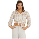 Camicia beige corta con colletto, maniche lunghe e fiocco frontale a stampa monogram