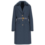 Cappotto blu Guess lungo con cintura e bottoni, colletto in pelliccia
