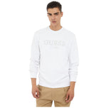 Felpa bianca Guess con logo frontale, girocollo e polsini a costine