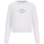 Felpa corta bianca con logo Guess verde, scollo rotondo e maniche lunghe