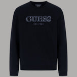 Felpa scura con logo GUESS frontale e scritta EST.1981