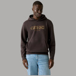 Felpa con cappuccio marrone, tasca a marsupio e logo Guess dorato