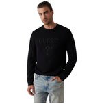 Felpa nera Guess con stampa frontale, girocollo e maniche lunghe