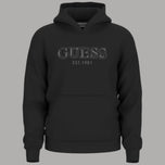 Felpa con cappuccio nera con stampa GUESS sul petto