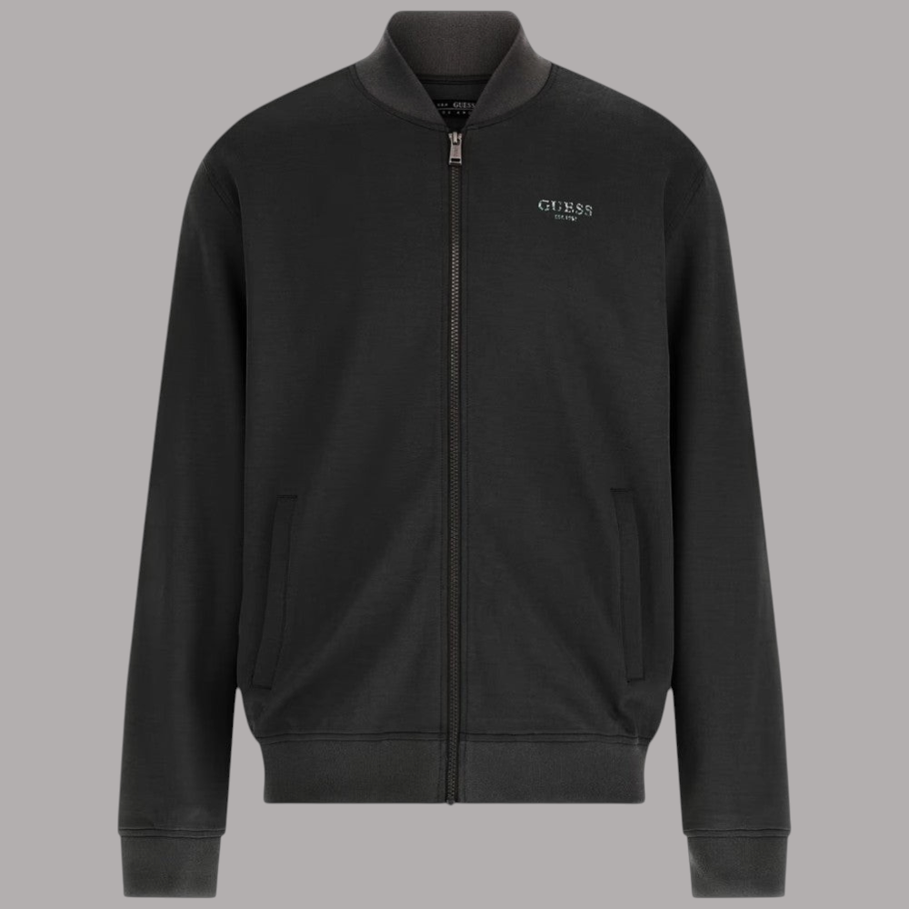 Felpa nera Guess con zip frontale e colletto alto, maniche lunghe
