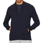 Cardigan in maglia blu con zip frontale e polsini a coste