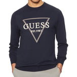 Maglioncino Guess blu scuro con scollo rotondo e logo triangolare frontale