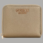 Mini portafoglio Guess bronzo con zip e logo frontale.