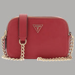 Mini tracolla bordeaux con zip e catena dorata, logo frontale Guess