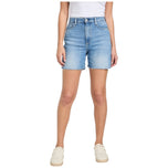 Pantaloncini in denim blu con vita regolare, chiusura con bottone e zip, orlo sfrangiato