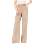 Pantaloni in suede tortora a gamba larga, vita alta, tasche frontali e bottone