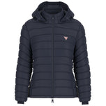 Piumino Guess blu con cappuccio, zip frontale e logo triangolare sul petto