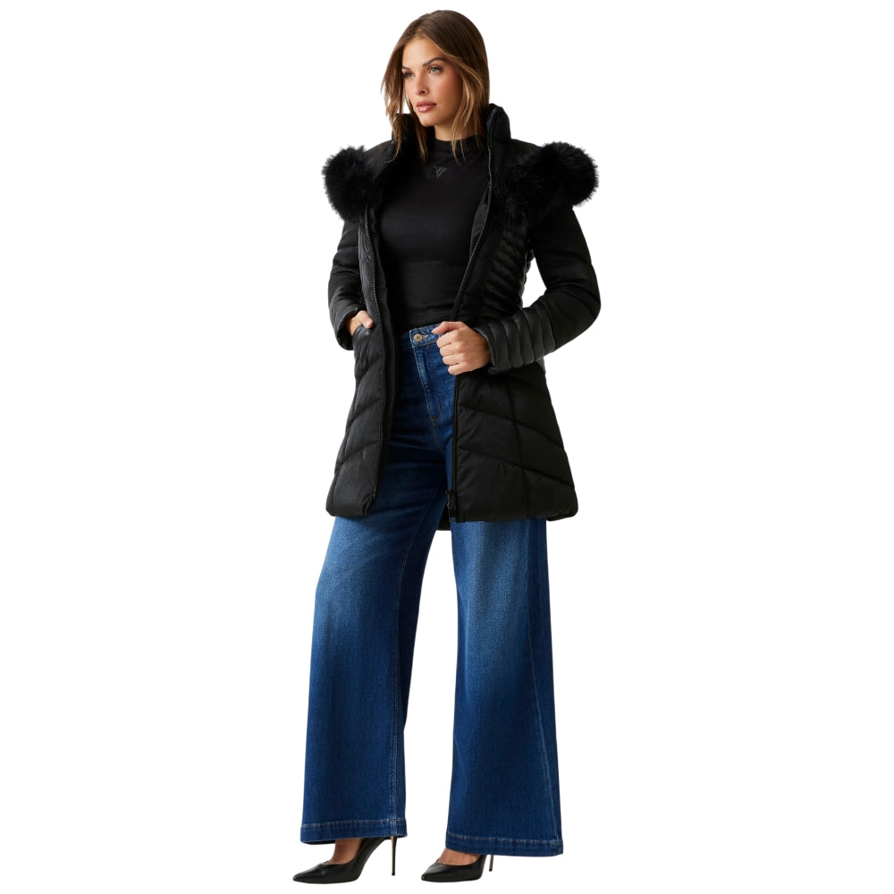 Guess piumino nero con cappuccio in pelliccia sintetica NEW OXANA Giubbini Guess