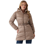Piumino puffer Guess marrone chiaro con cappuccio e zip, logo all-over