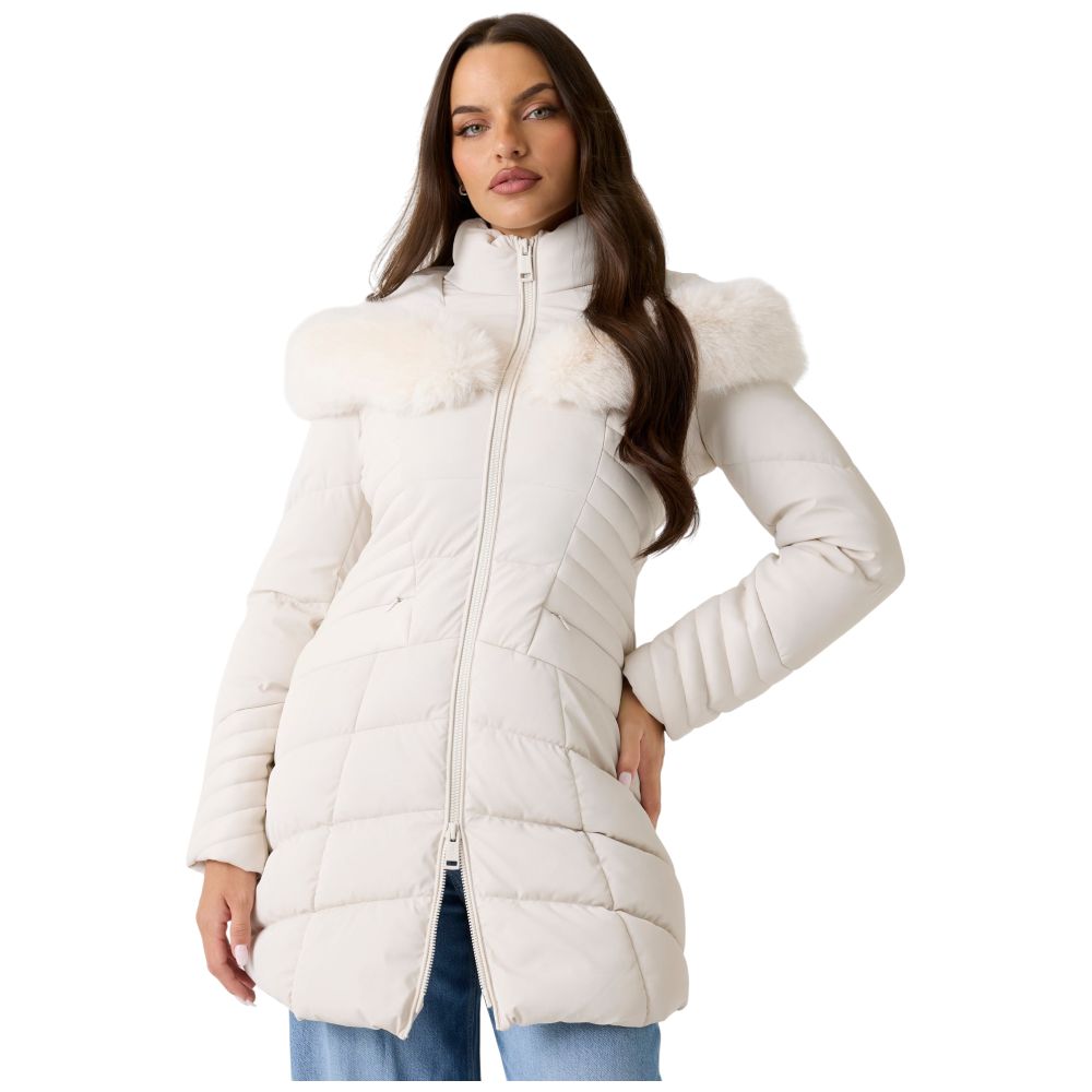 Guess piumino stone con cappuccio in pelliccia sintetica NEW OXANA Giubbini Guess