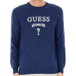 Maglione pullover blu Guess a girocollo maniche lunghe, grafica frontale
