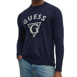 Maglione pullover blu scuro con logo GUESS jacquard davanti e girocollo a coste