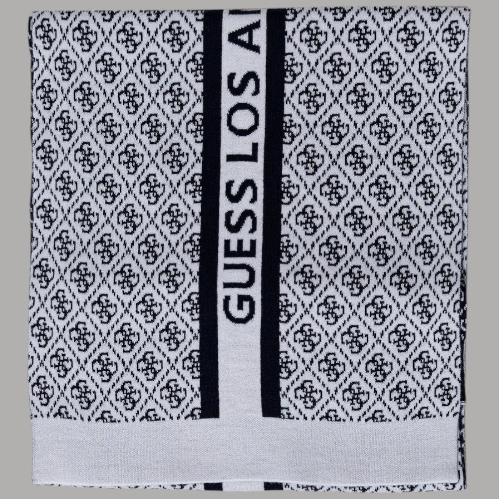 Sciarpa bianca con motivo 4G ripetuto e fascia centrale con scritta GUESS nera