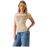 T-shirt beige Guess con logo triangolare frontale e scollo rotondo