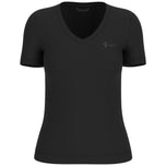 T-shirt nera in lyocell con scollo a V e logo sul petto